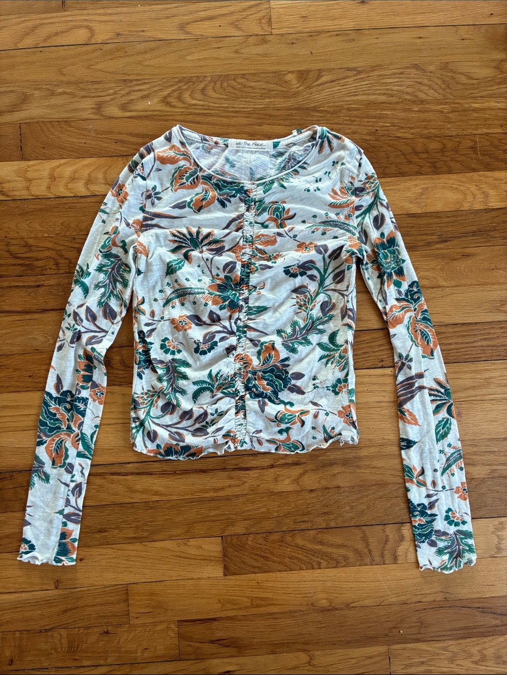 We The Free Dreamed Of You Long Sleeve Tee Small Lettuce Hem Runched Floral Boho